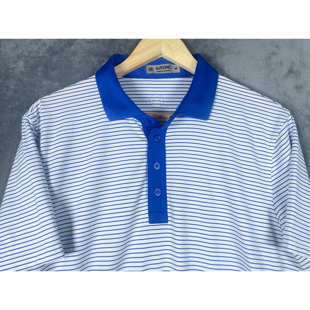 G/FORE Mens Medium Performance Striped Golf Polo Shirt Blue White Short Sleeve